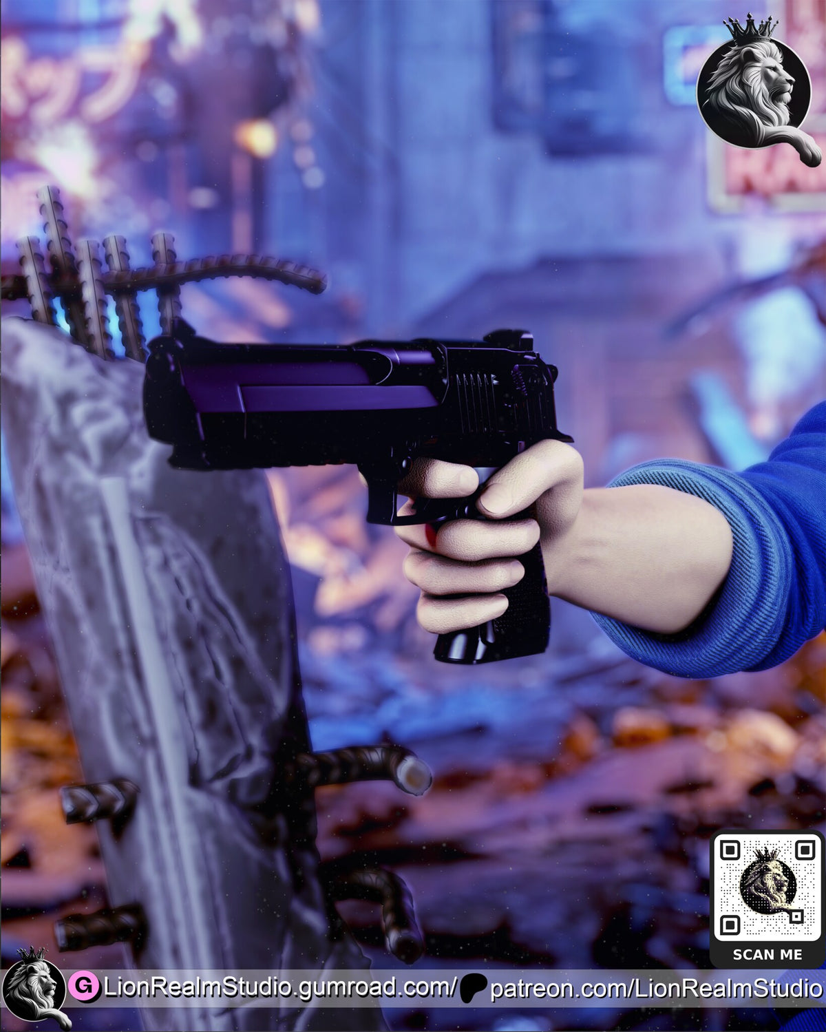 Sculptor's render (kit ships unpainted): close-up of the hand gripping the black pistol, blue jacket cuff behind