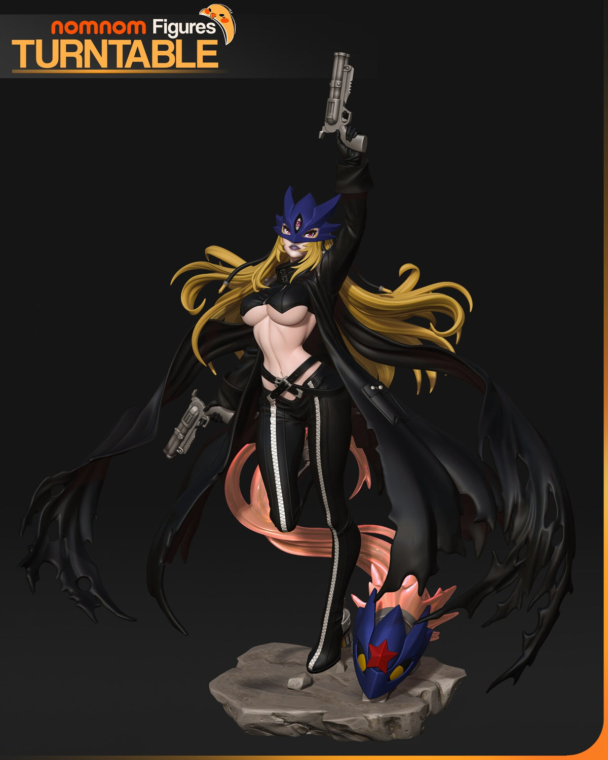 Sculptor's render of the painted design (kit ships unpainted): front view of the masked gunslinger on one leg, one revolver raised overhead, coat and hair fanned out, rocket at her boot on the rock slab