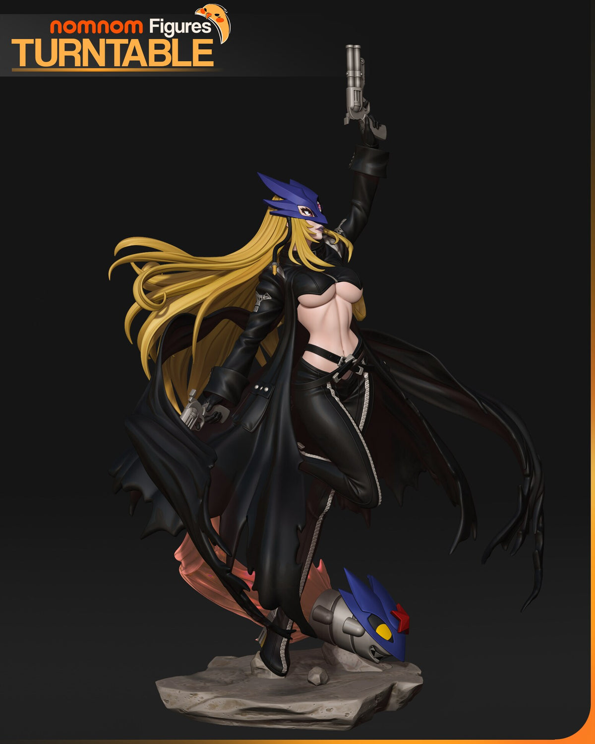 Sculptor's render (kit ships unpainted): side view with the mask in profile, the knee bent up behind her and the rocket's blue head