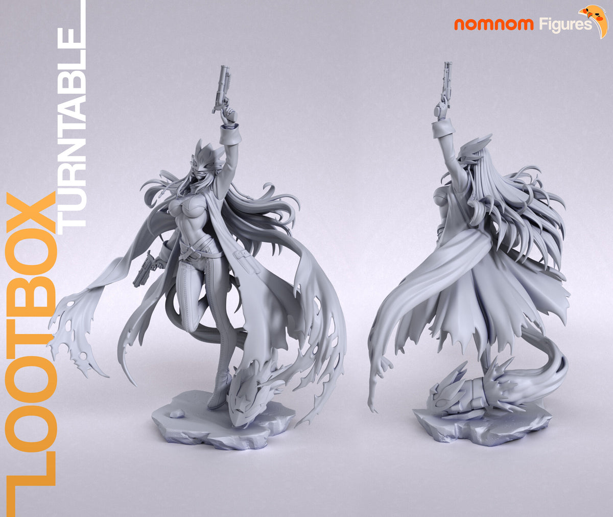 Sculptor's render (kit ships unpainted): unpainted gray front and back views of the assembled figure on its base