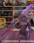 Sculptor's render of the painted design (kit ships unpainted): unpainted view of the bust from the hips up with the masked head, the full-length rifle propped on his shoulder, on a round cracked plinth