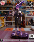 Sculptor's render of the painted design (kit ships unpainted): front view of the masked soldier in white armor with the giant rifle on his shoulder, on the road slab base