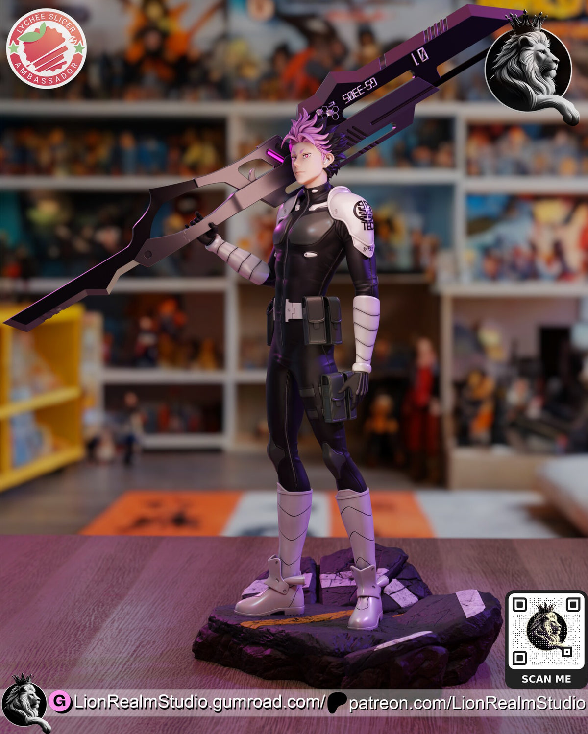 Sculptor's render (kit ships unpainted): three-quarter view from his left, the rifle reaching past both ends of the base