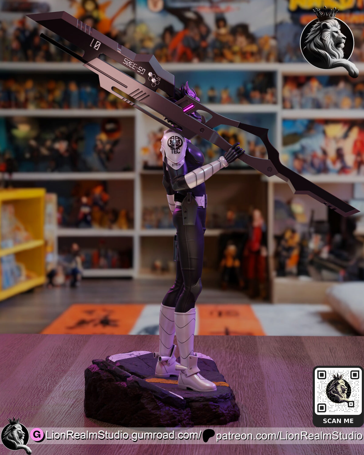 Sculptor's render (kit ships unpainted): side view from his right, showing the shoulder emblem and the holster