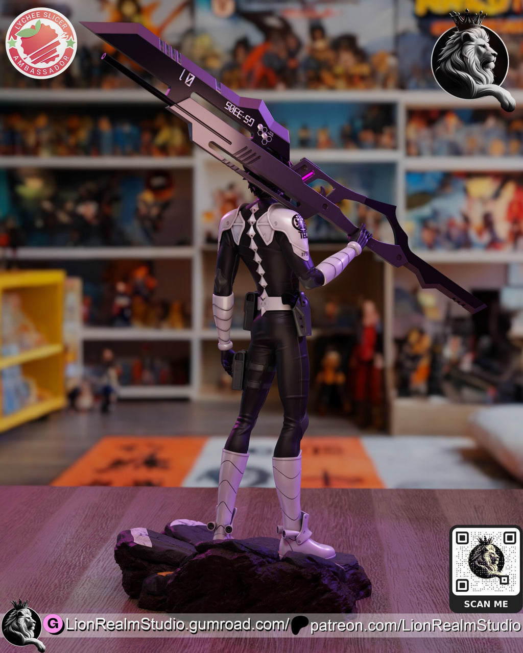 Sculptor's render (kit ships unpainted): rear view with the row of white diamonds down the back of the suit