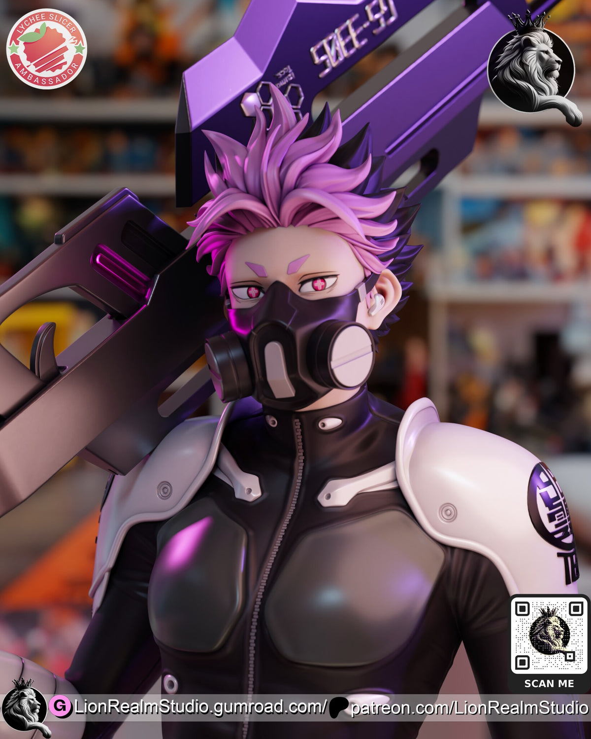 Sculptor's render (kit ships unpainted): close-up of the masked head with the filter canisters, the rifle blade behind