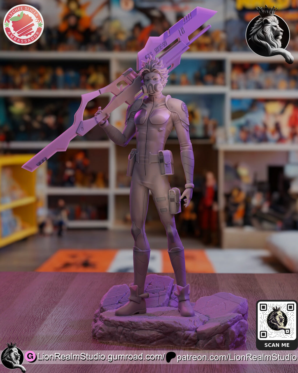 Sculptor's render (kit ships unpainted): unpainted gray view of the full figure from the front, masked head