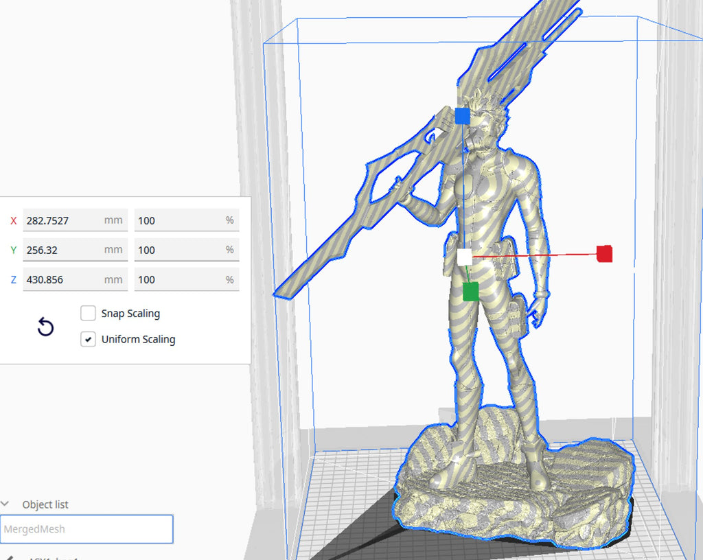 Studio scale image (kit ships unpainted): the studio's slicer view of the assembled full figure with the rifle on its road slab base at 100% scale, with its width, depth and height readout