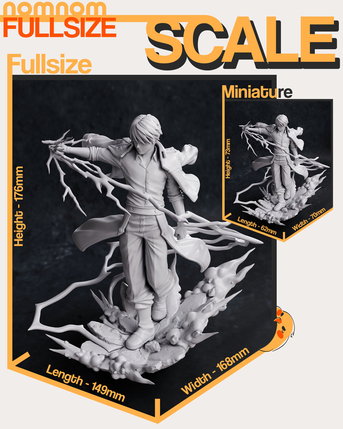 Studio scale and parts sheet (kit ships unpainted): scale page, the miniature in the inset, 73 mm tall with a 70 x 62 mm footprint, beside the full-size figure
