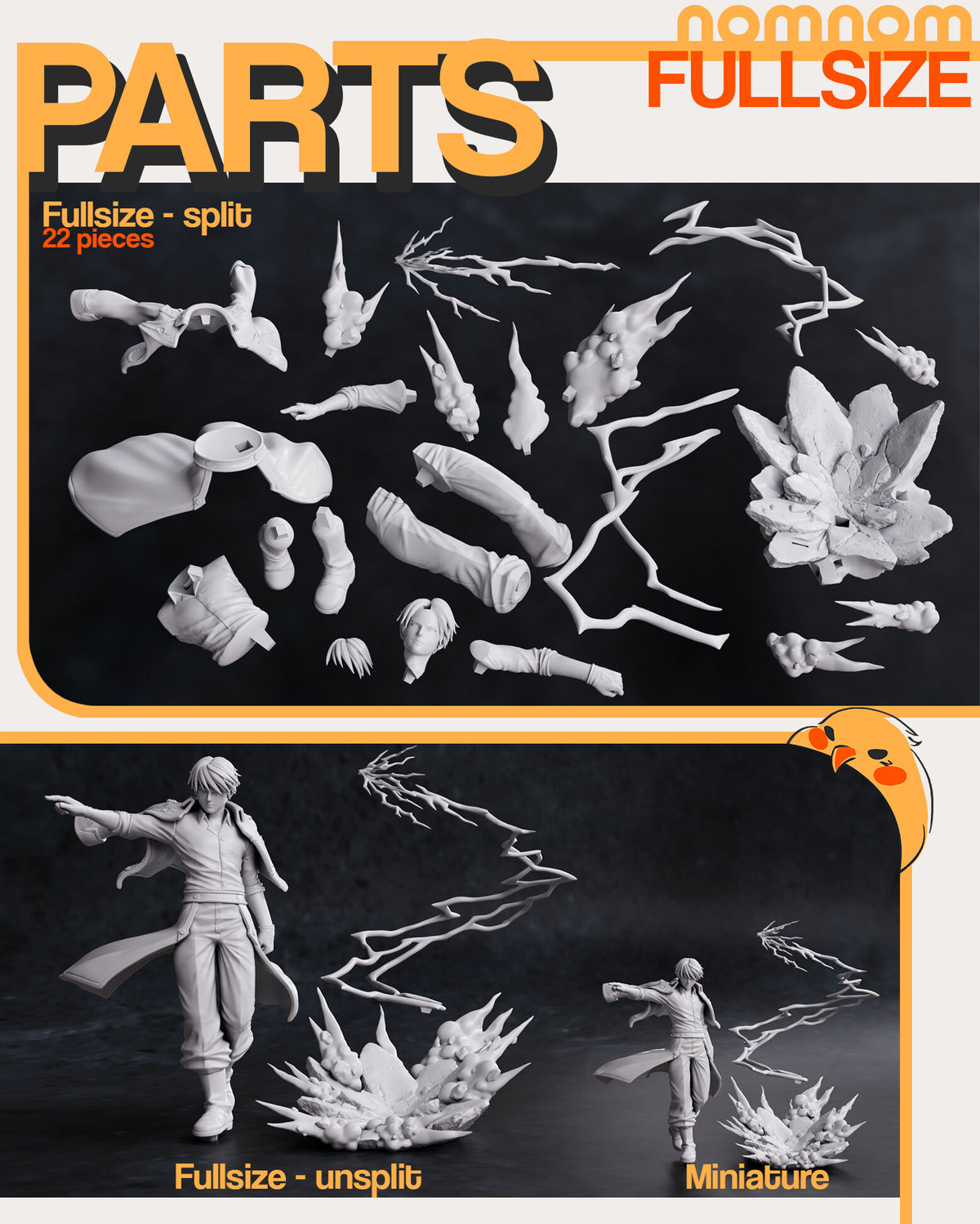 Studio scale and parts sheet (kit ships unpainted): parts page, the miniature at the bottom right, shown assembled beside the larger full-size figure and lightning, with the full-size kit's split parts above