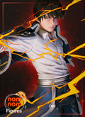 Sculptor's render of the painted design (kit ships unpainted): the dark-haired officer in a white shirt and navy coat, arm thrust out with yellow lightning crackling across his chest