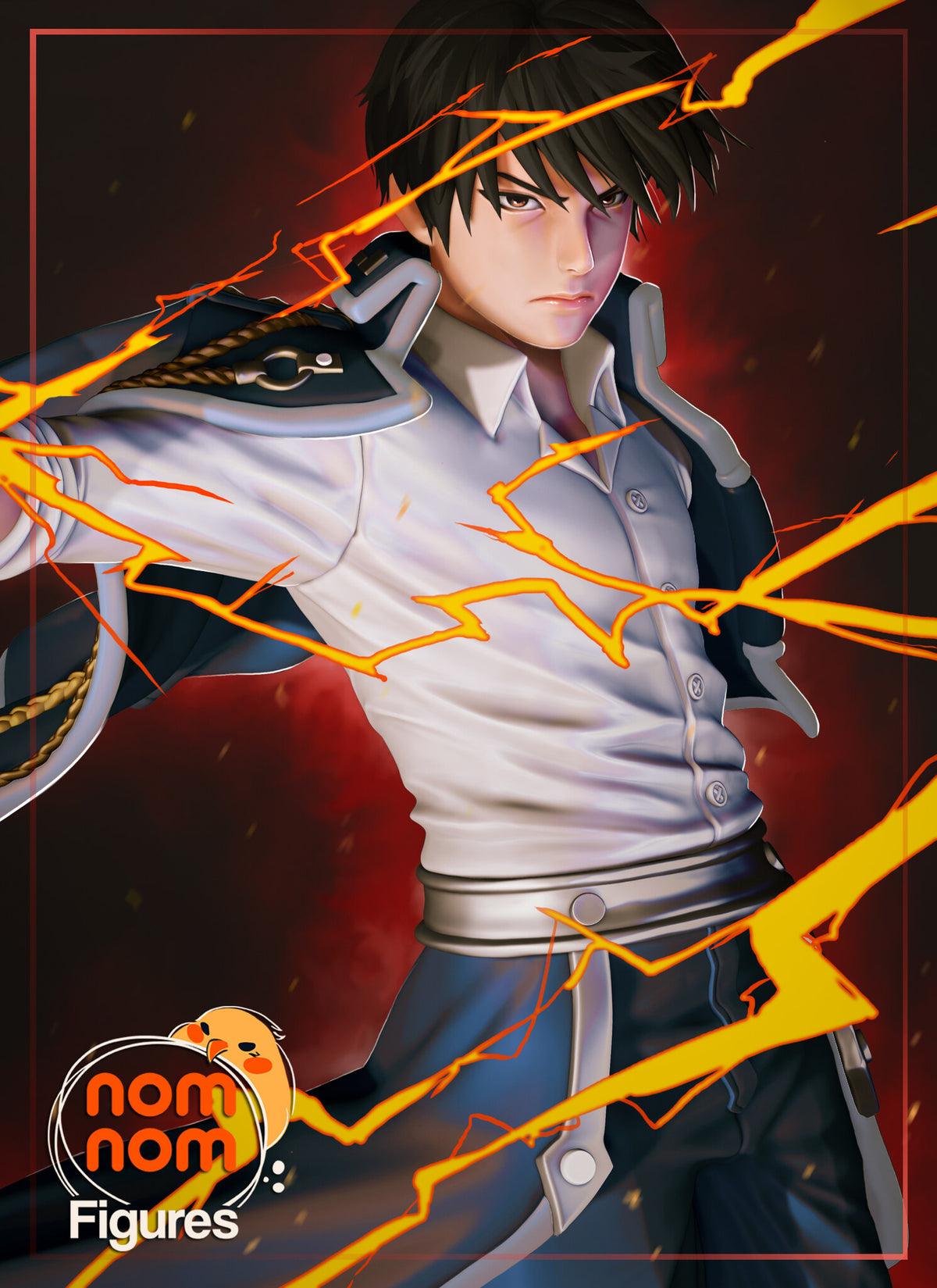 Sculptor's render of the painted design (kit ships unpainted): the dark-haired officer in a white shirt and navy coat, arm thrust out with yellow lightning crackling across his chest