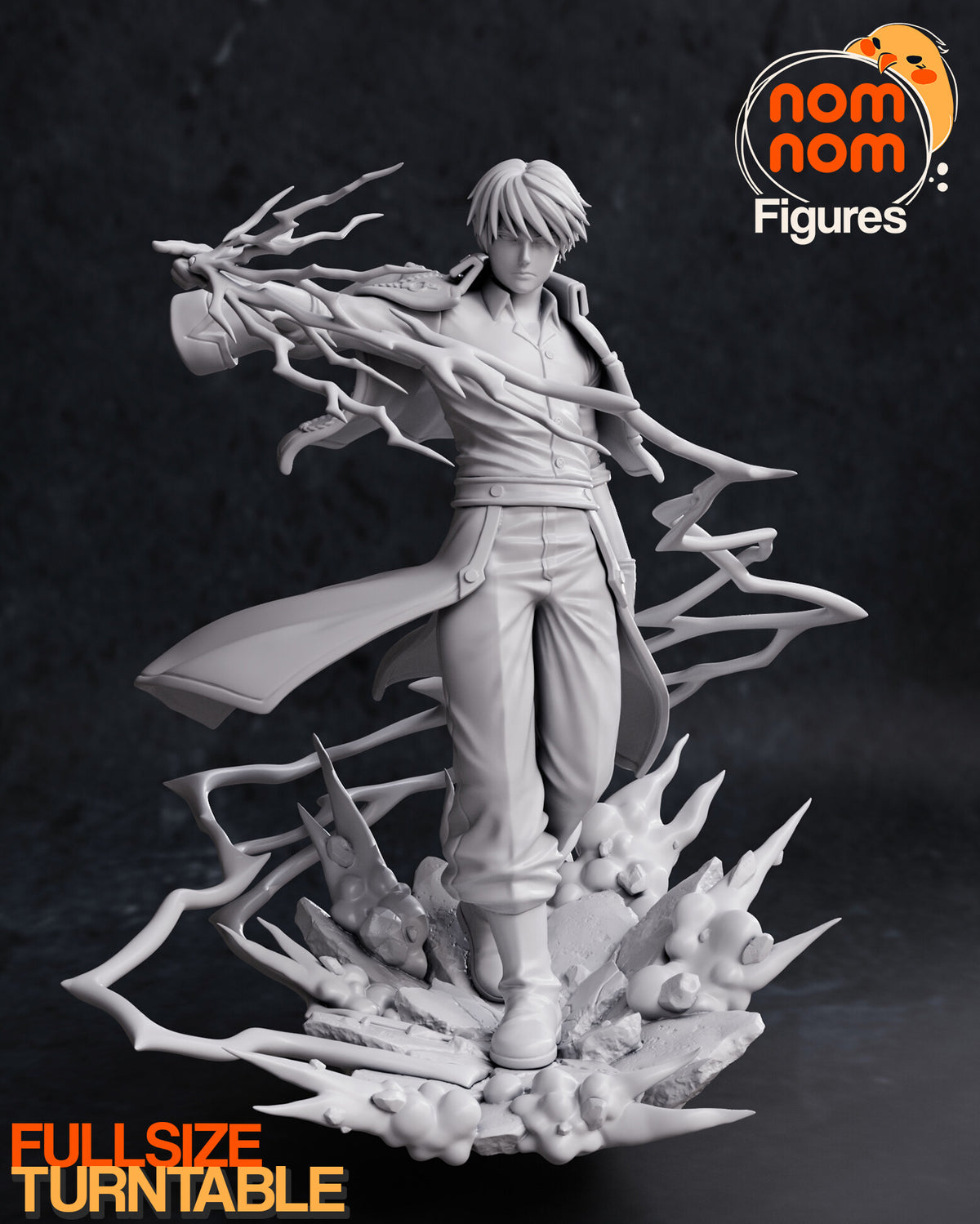 Sculptor's render (kit ships unpainted): gray front view of the full-size figure on the rock base, lightning and smoke around him