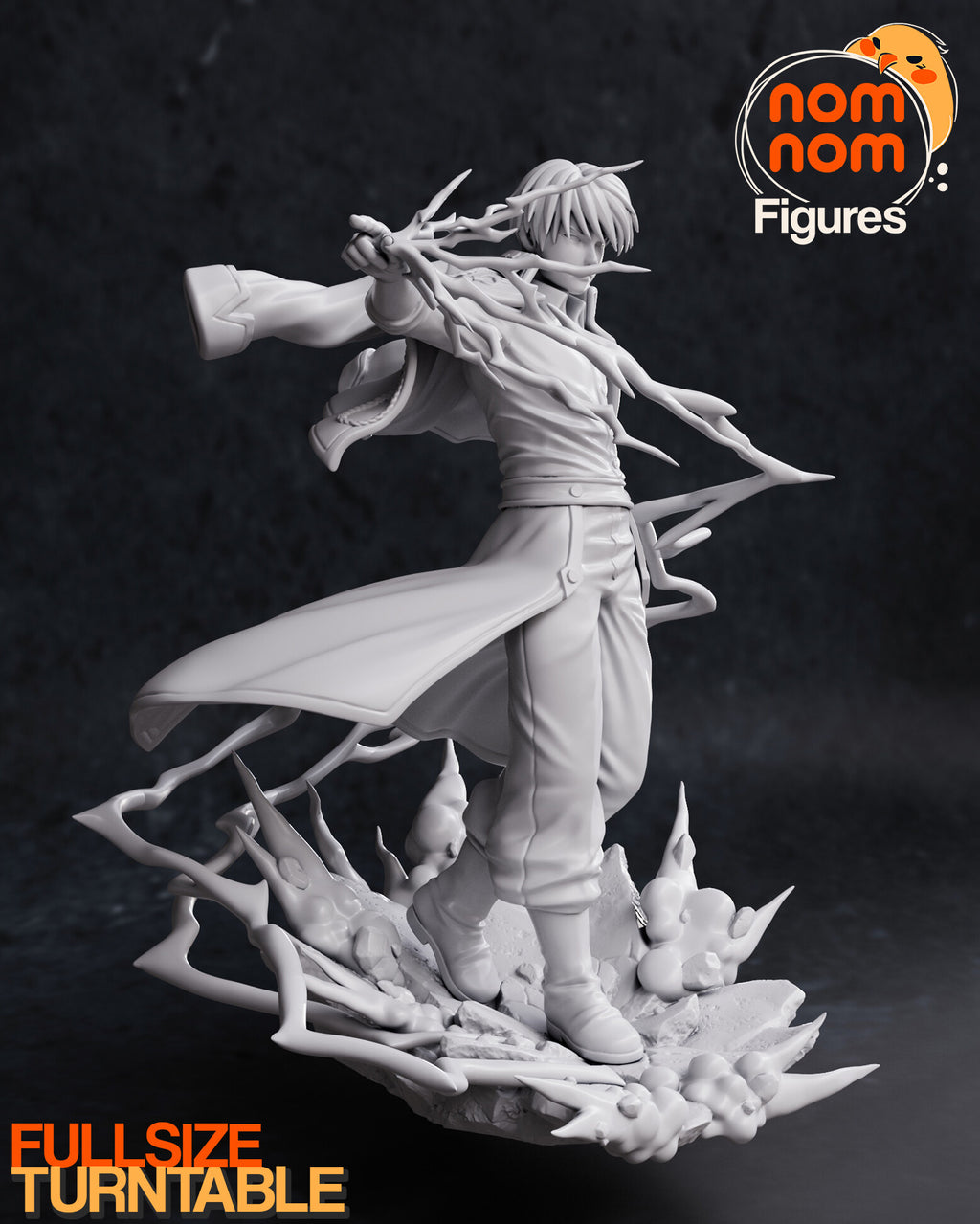 Sculptor's render (kit ships unpainted): gray view from his right, the outstretched arm and the coat tails flying out