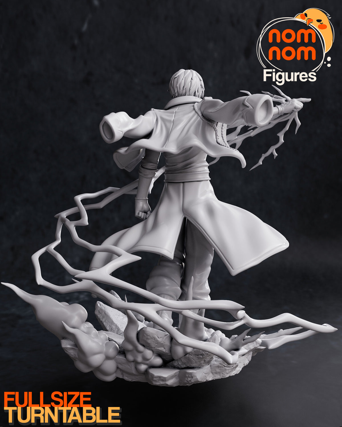 Sculptor's render (kit ships unpainted): gray rear view of the coat with its empty sleeves and the lightning arcing around the base