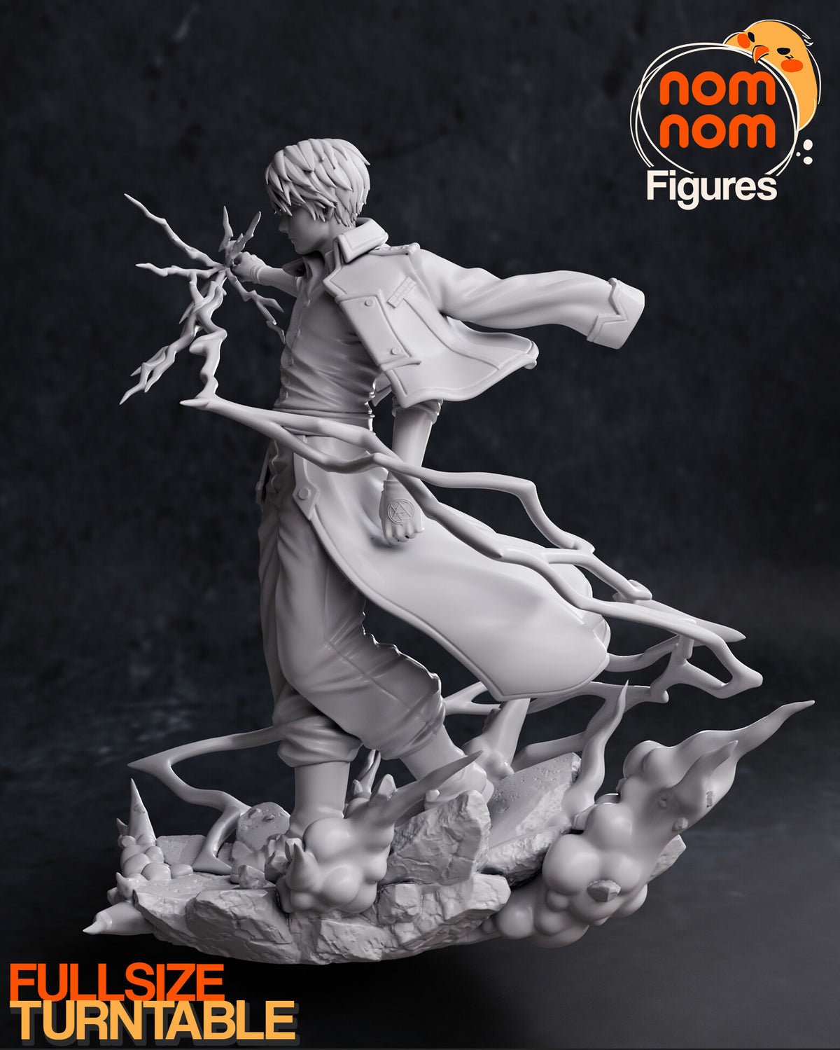Sculptor's render (kit ships unpainted): gray view from his left, the clenched fist and the lightning branching from the snapping hand