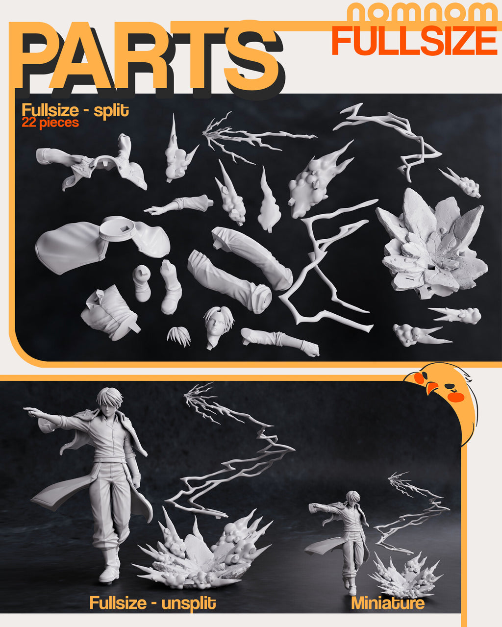 Studio scale and parts sheet (kit ships unpainted): parts page, the 22 split parts of the full-size kit laid out, with the assembled figure and the miniature below for comparison