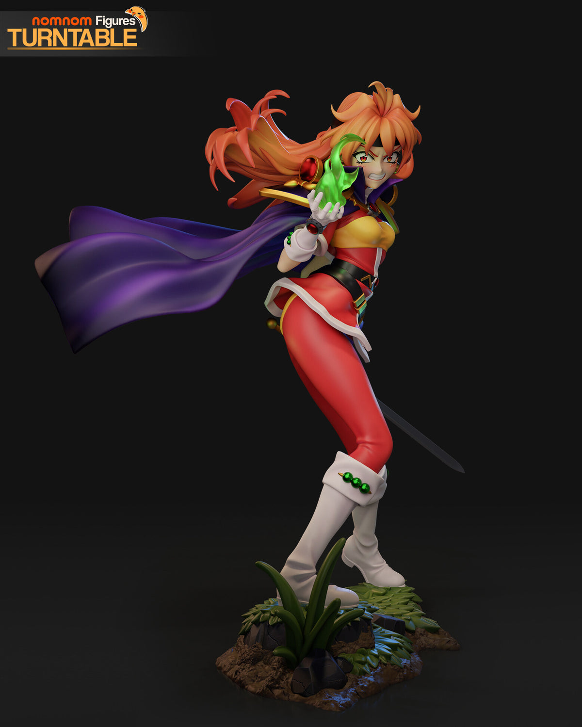 Sculptor's render (kit ships unpainted): three-quarter view from her right with the fireball near her face and the cape stretched out to one side