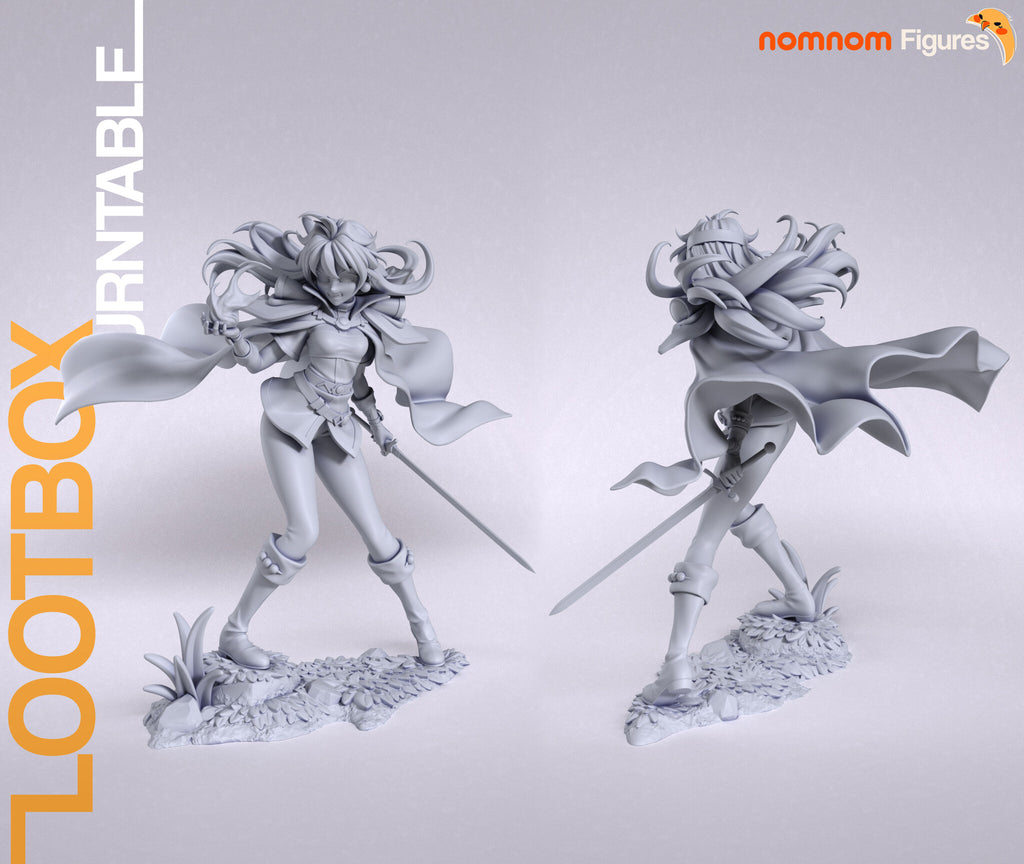 Sculptor's render, shown in gray (kit ships unpainted): front and rear views of the whole sculpt on its leafy base