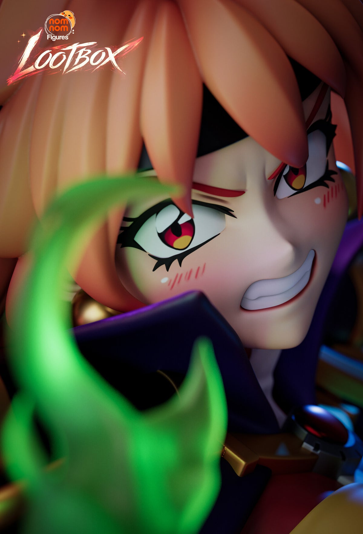 Sculptor's render (kit ships unpainted): close-up of the face with a clenched grin, red-brown eyes and the green flame in the foreground