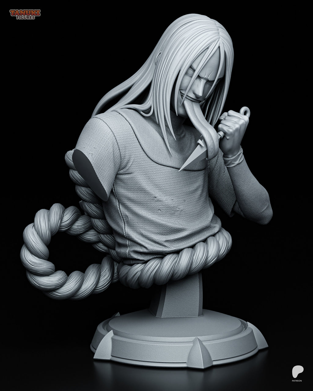 Sculptor's render of the unpainted sculpt (kit ships unpainted): three-quarter front view of the long-haired bust bowed over a kunai in his fist, a thick rope belt looping out to one side above the round finned plinth