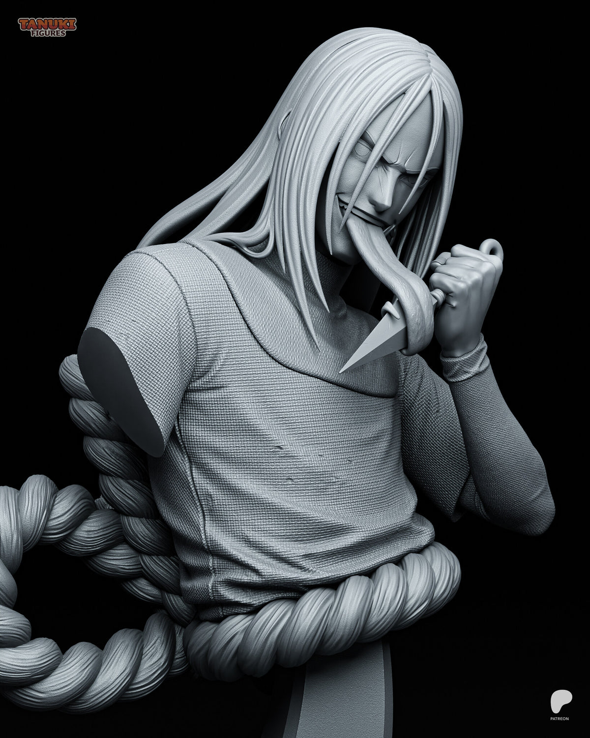 Sculptor's render (kit ships unpainted): closer view of the narrowed eyes, the grin and the long tongue wrapped around the kunai, with the woven shirt texture