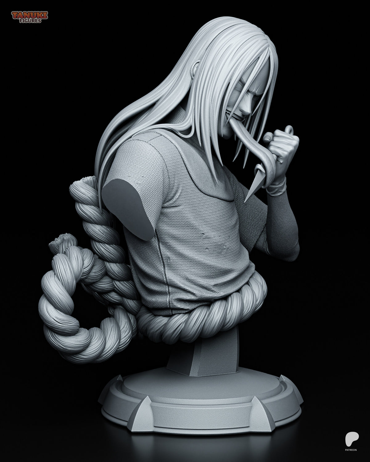 Sculptor's render (kit ships unpainted): side view showing how far the rope loop stands off the body and its frayed ends