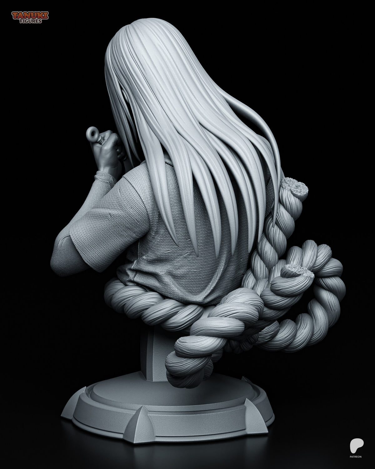 Sculptor's render (kit ships unpainted): back view of the waist-length hair and the rope tied off at the back