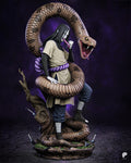 Sculptor's render of the painted design (kit ships unpainted): front view of the pale long-haired sorcerer with a kunai at his mouth, a giant brown snake coiled around his waist and arched over his head, on a dead-tree base
