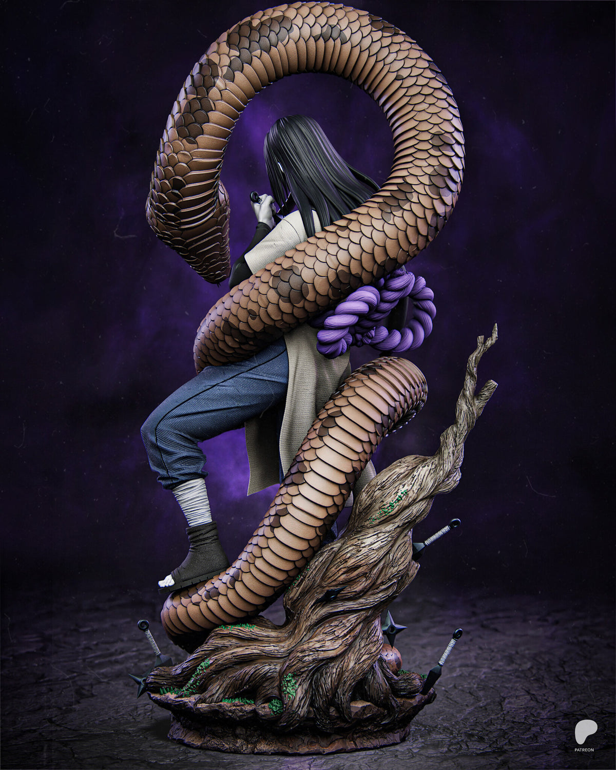Sculptor's render (kit ships unpainted): rear view showing the snake's pale belly plates climbing behind him, the rope knot and the gnarled tree trunk