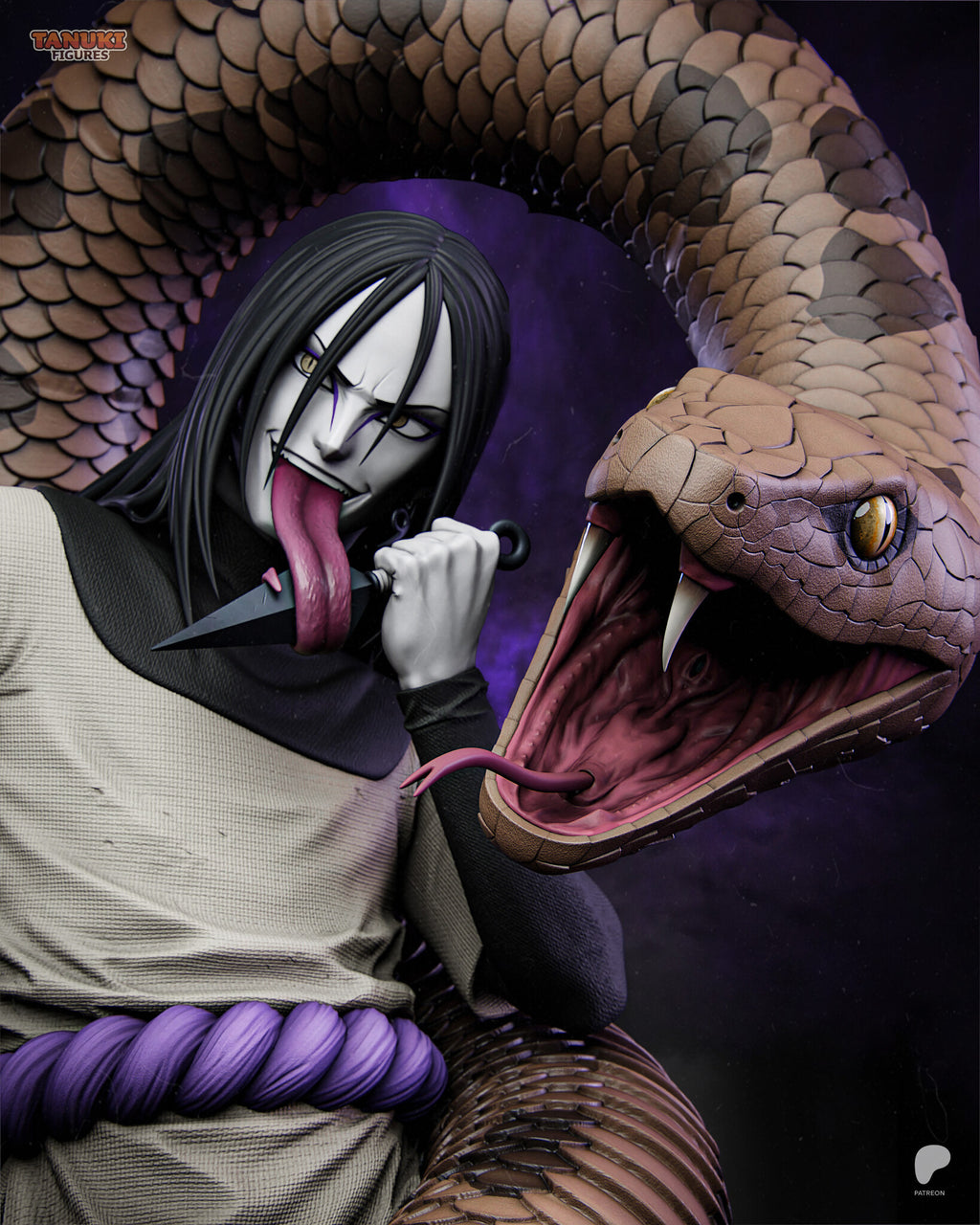 Sculptor's render (kit ships unpainted): closer view of the sorcerer licking the kunai beside the snake's open jaws and fangs