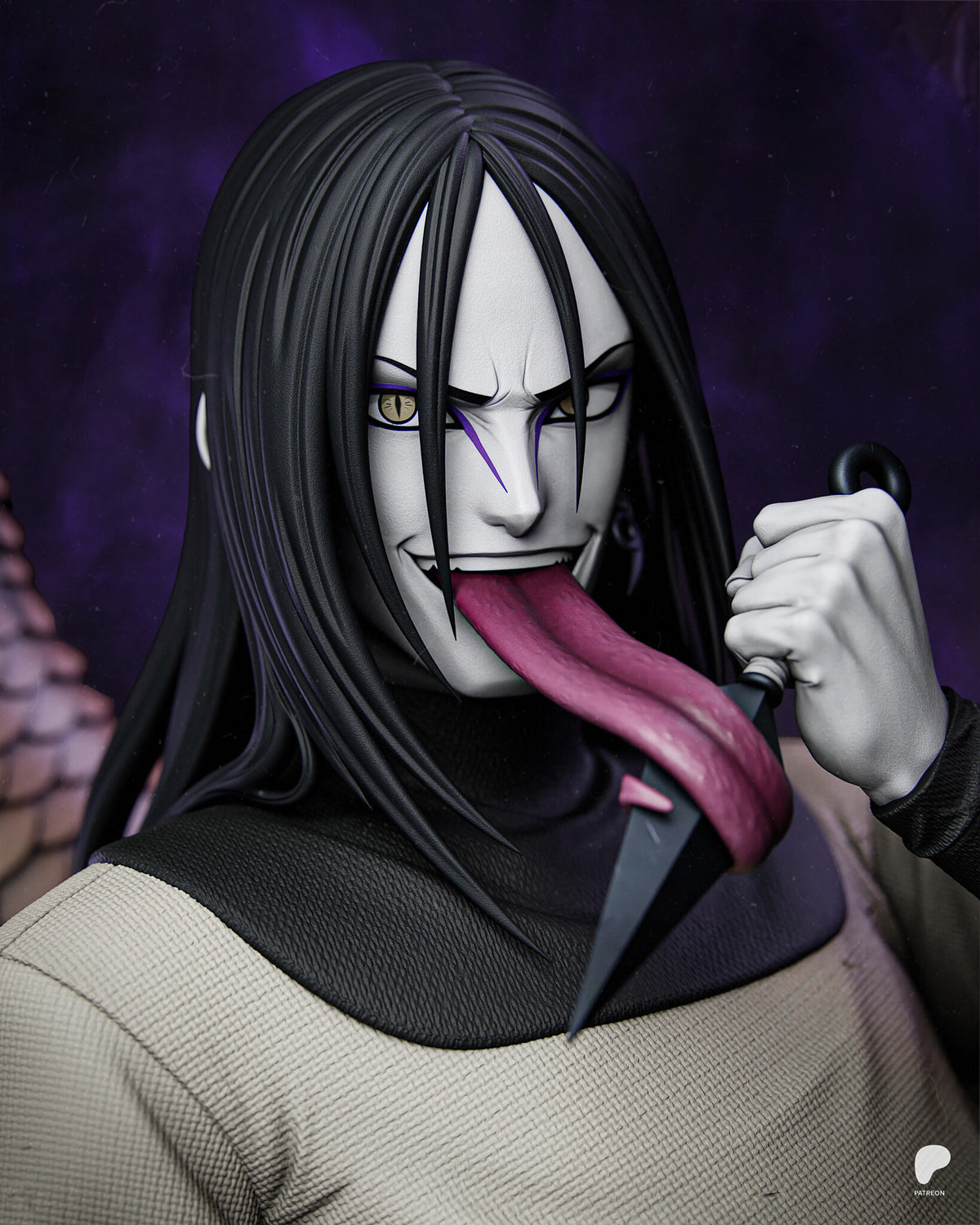 Sculptor's render (kit ships unpainted): close-up of the white face with gold slit eyes, purple markings and the long tongue over the kunai