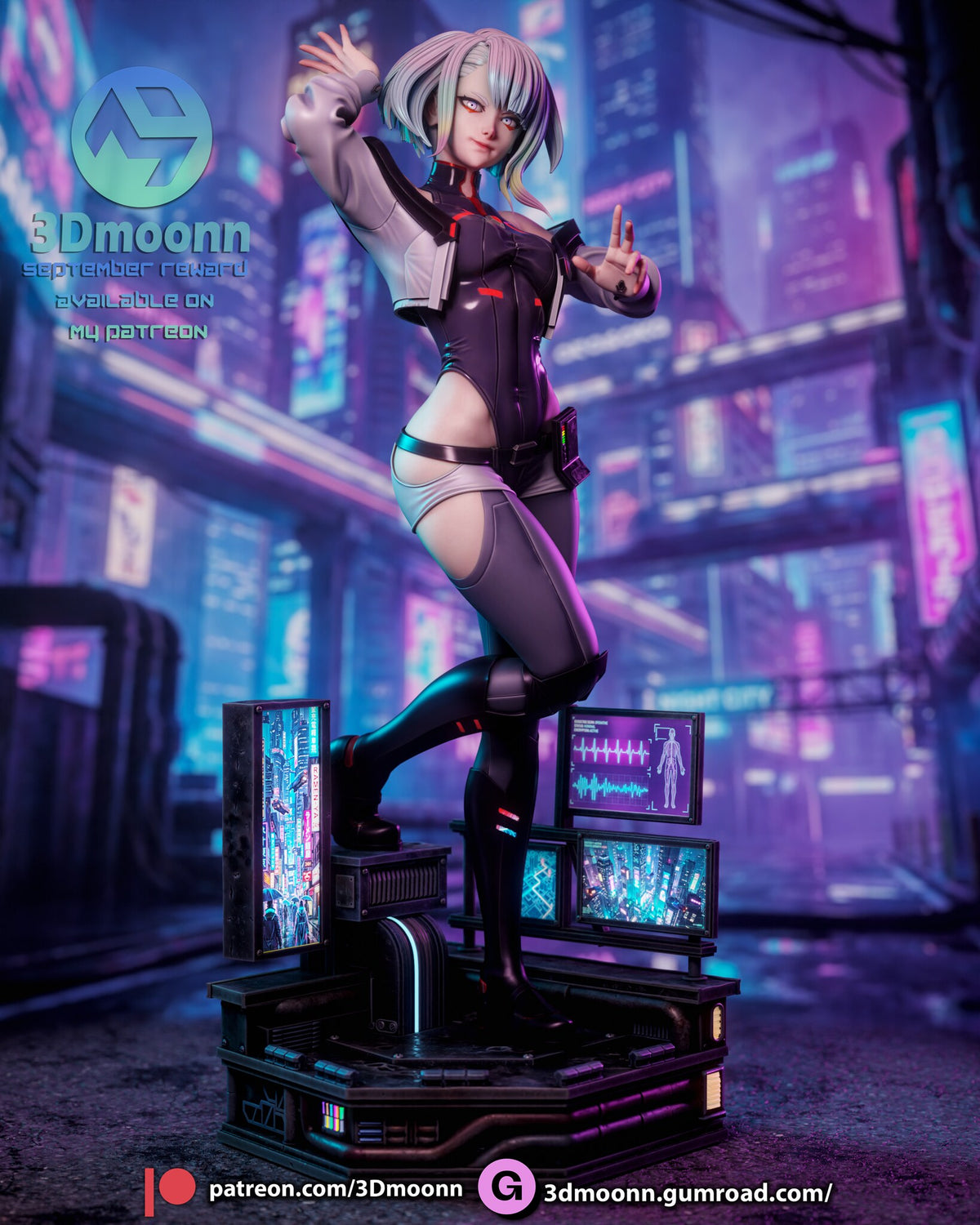 Sculptor's render of the painted design (kit ships unpainted): front three-quarter full view of the hacker with one arm raised over her head and one boot up on a block, between glowing screens on the dark tech base