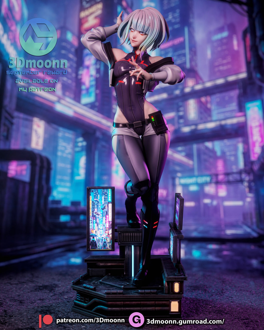 Sculptor's render (kit ships unpainted): straight front view showing the bodysuit's red accents, the belt with the hip device and the knee-high boots