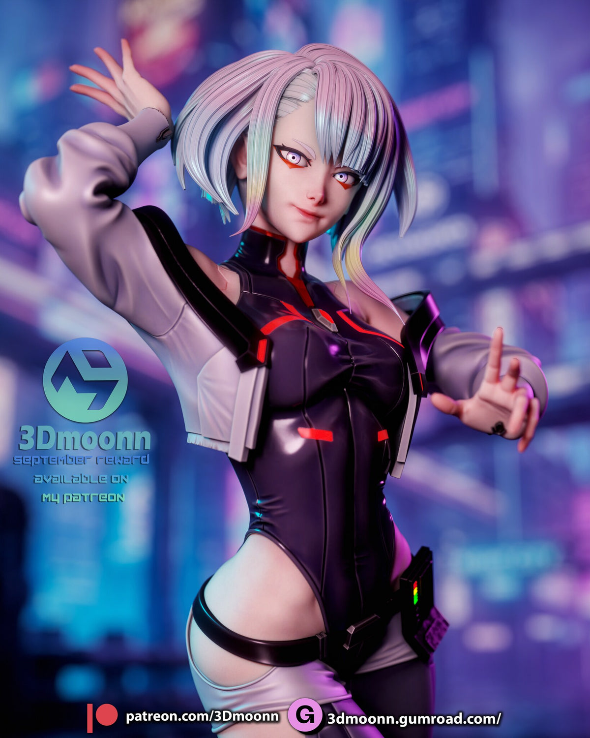 Sculptor's render (kit ships unpainted): close-up of the face and upper body, with the pastel-tipped silver bob, the red markings under the eyes and the hand with two fingers raised