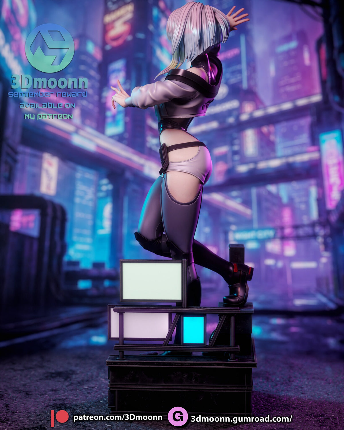 Sculptor's render (kit ships unpainted): rear three-quarter view of the outstretched arm and the lit backs of the screens