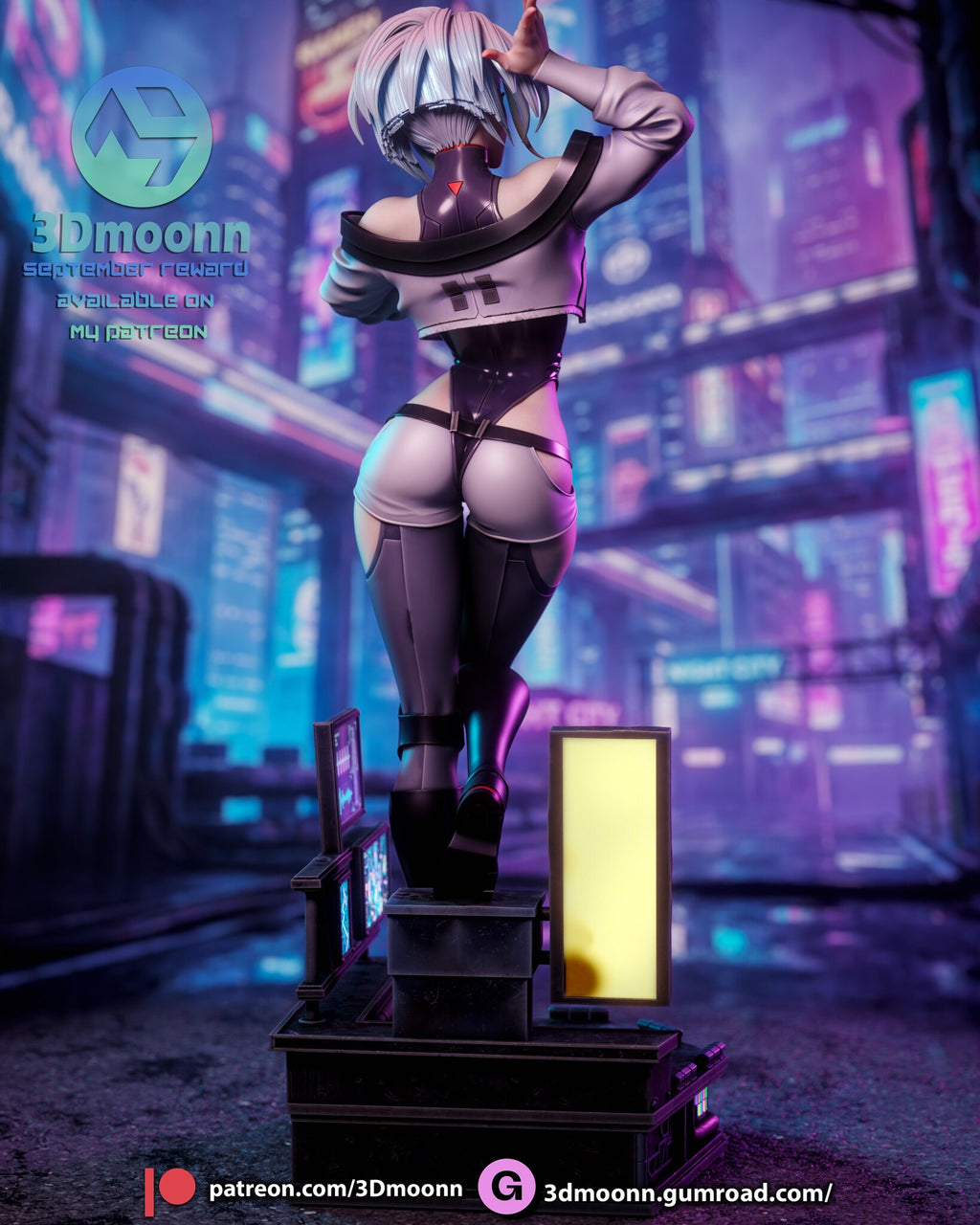 Sculptor's render (kit ships unpainted): back view of the cropped jacket, the silver bob and the lit panels behind the screens