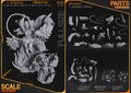 Studio scale and parts sheet (kit ships unpainted): the miniature shown in front of the 1:10 statue with the studio's sizes for each version (miniature 98 mm tall), and the parts of each version laid out, the miniature's in the bottom middle
