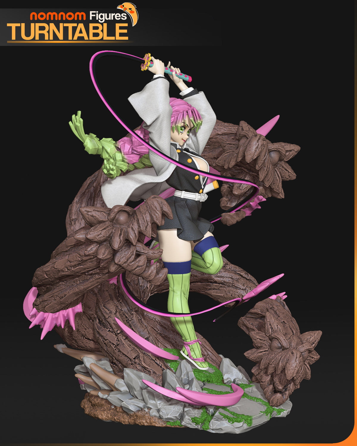 Sculptor's render (kit ships unpainted): painted three-quarter view, the blade curling over her head; the miniature is the same sculpt at 98 mm tall, in 12 pieces