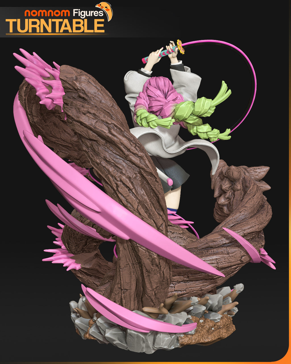 Sculptor's render (kit ships unpainted): painted rear view of the braids, the white coat and the tall wooden dragon; the miniature is the same sculpt at 98 mm tall, in 12 pieces