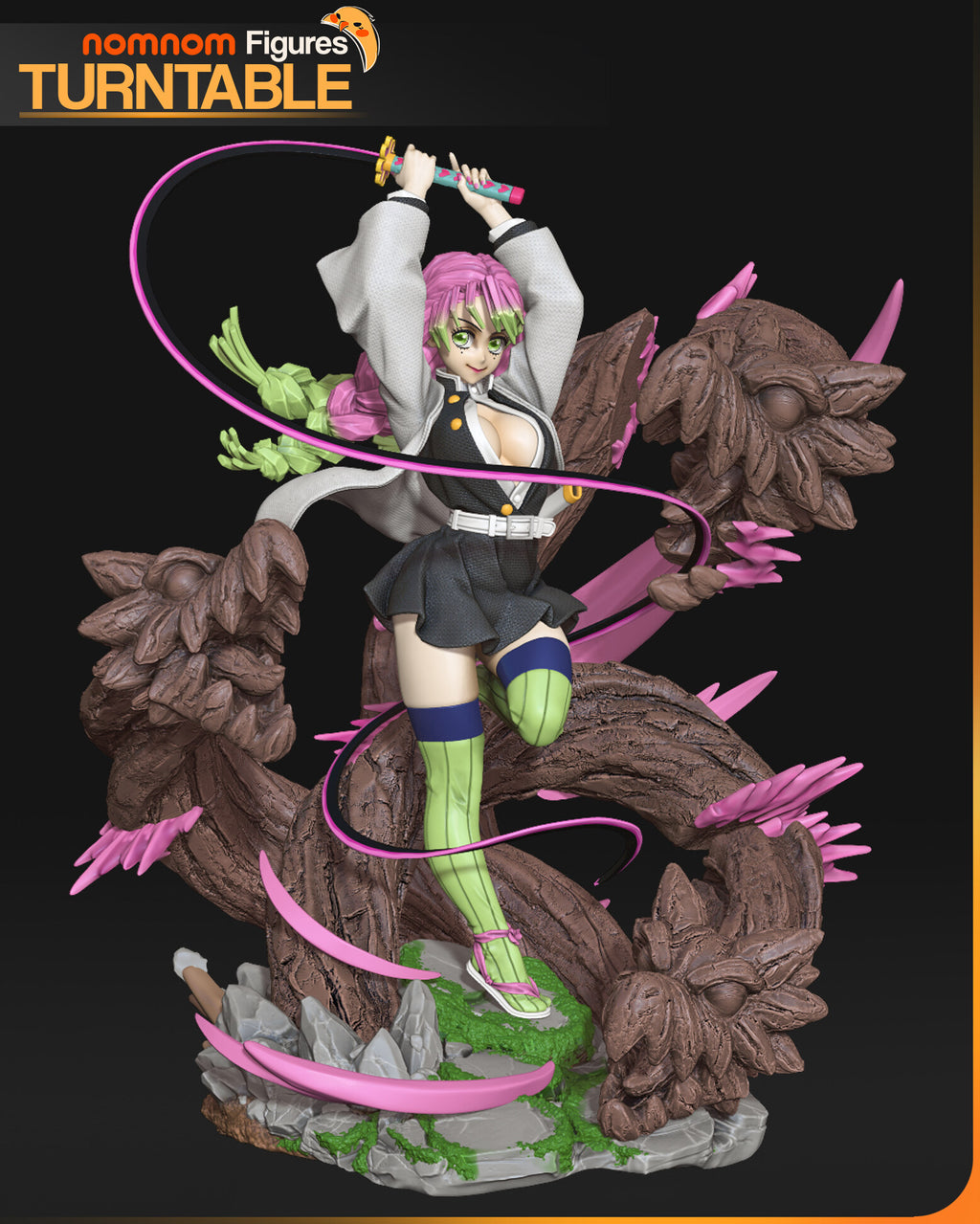 Sculptor's render of the painted design (kit ships unpainted): front view of the 1:10 statue, the pink-braided swordswoman swinging the whip sword overhead among three wooden dragon heads on a mossy rock base