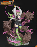 Sculptor's render of the painted design (kit ships unpainted): front view of the 1:10 statue, the pink-braided swordswoman swinging the whip sword overhead among three wooden dragon heads on a mossy rock base