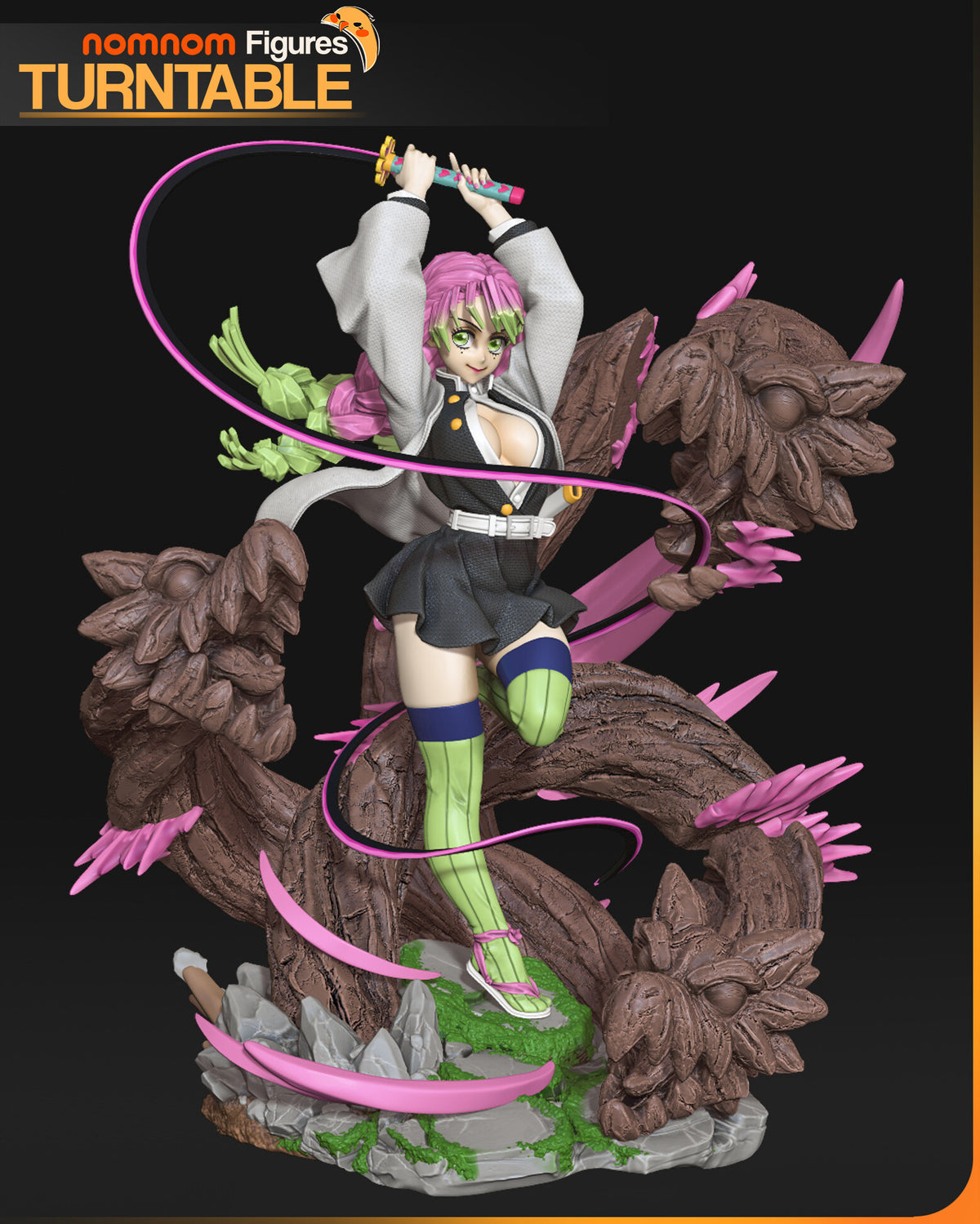 Sculptor's render of the painted design (kit ships unpainted): front view of the 1:10 statue, the pink-braided swordswoman swinging the whip sword overhead among three wooden dragon heads on a mossy rock base