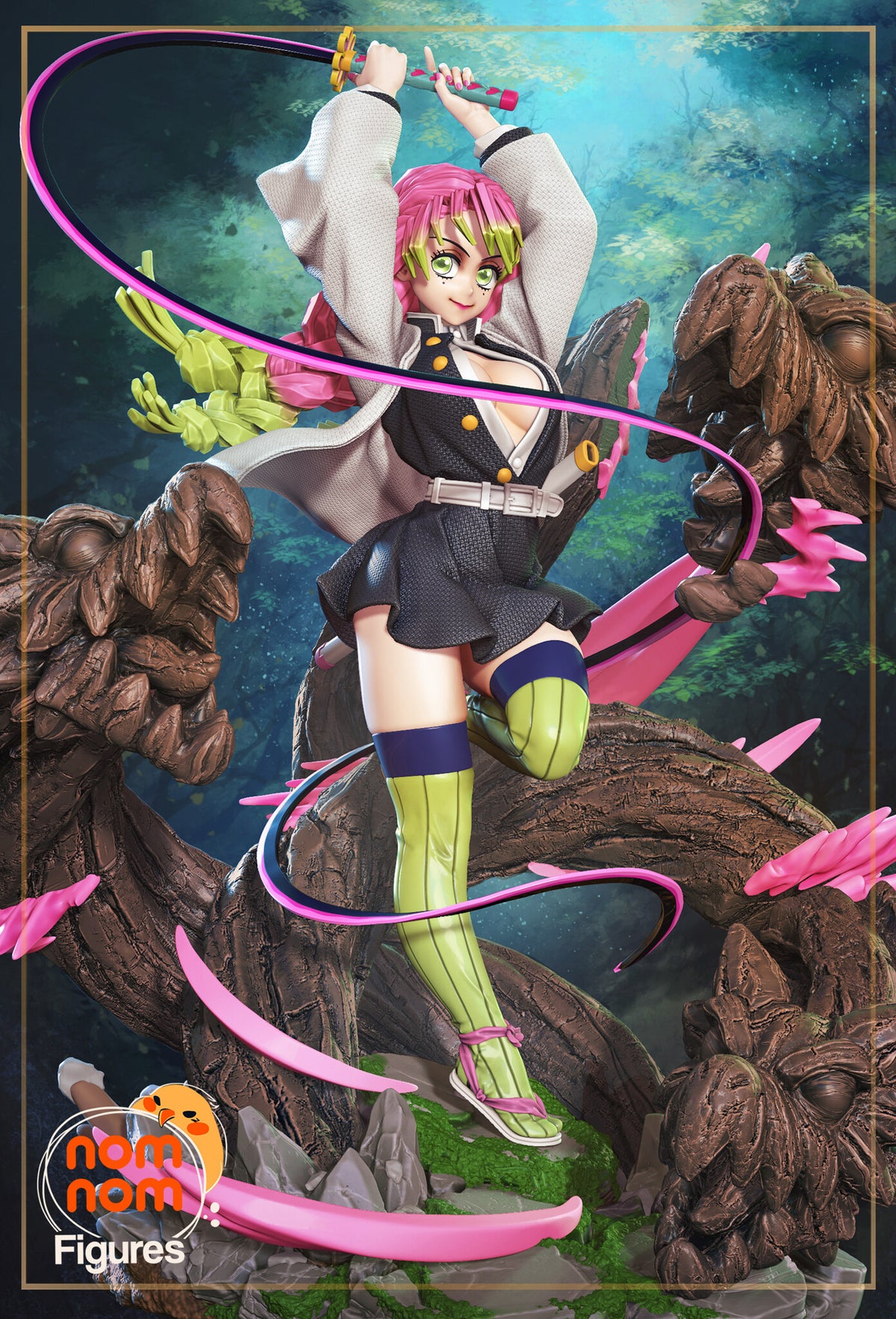 Sculptor's render (kit ships unpainted): the same front view against a painted forest background, the pink blade looping around her
