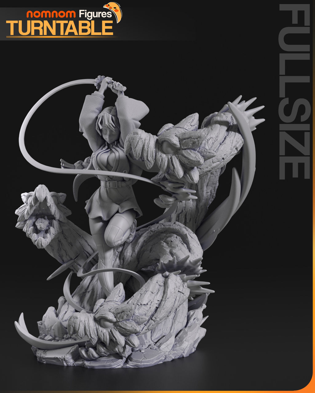 Sculptor's render (kit ships unpainted): gray view from the side, the sword raised and a dragon head with open jaws beside her
