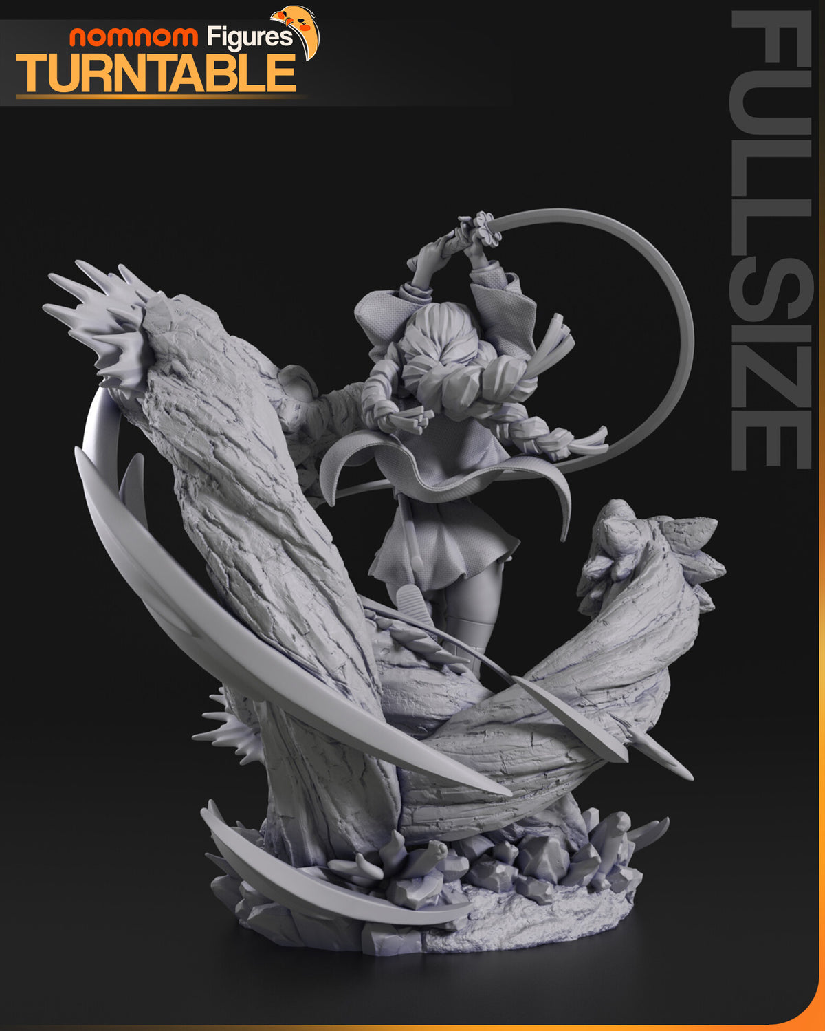 Sculptor's render (kit ships unpainted): gray rear view of the braids, the coat and the back of the base