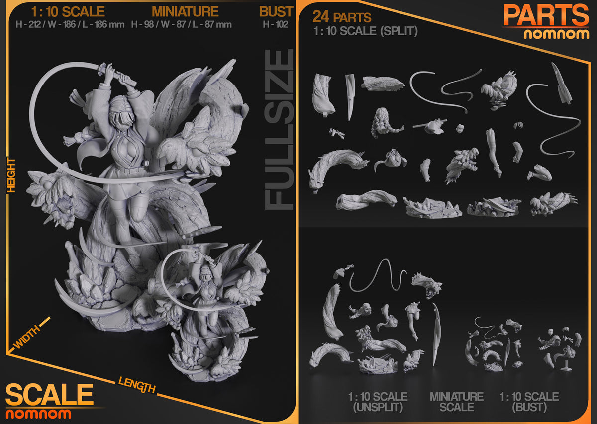 Studio scale and parts sheet (kit ships unpainted): the 1:10 scale statue with the studio's height, width and length, and its split parts laid out (the miniature and bust shown on the sheet are separate versions)