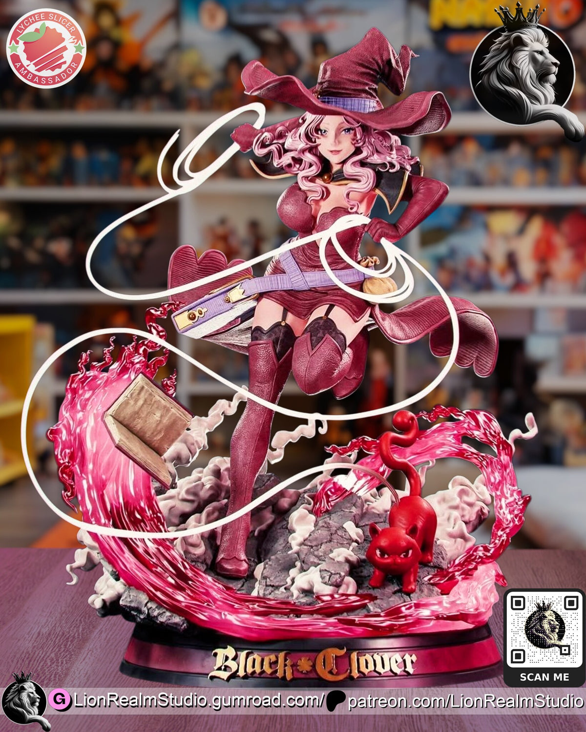 Sculptor's render of the painted design (kit ships unpainted): full front view of the pink-haired witch in a dark-rose hat and dress striding on rocks, white threads looping around her, with a pink-red wave, a floating book and a red cat on an oval plinth