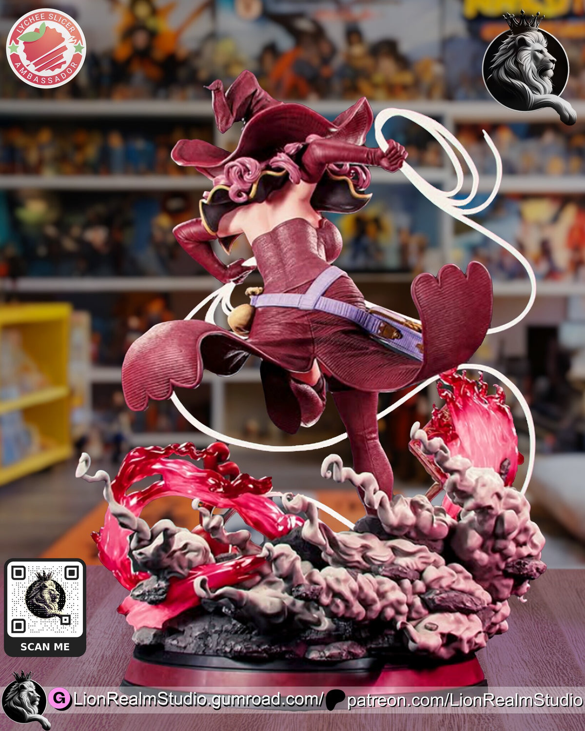 Sculptor's render (kit ships unpainted): rear view with her fist raised and the skirt panels fanned out over a base of smoke, rock and the pink wave