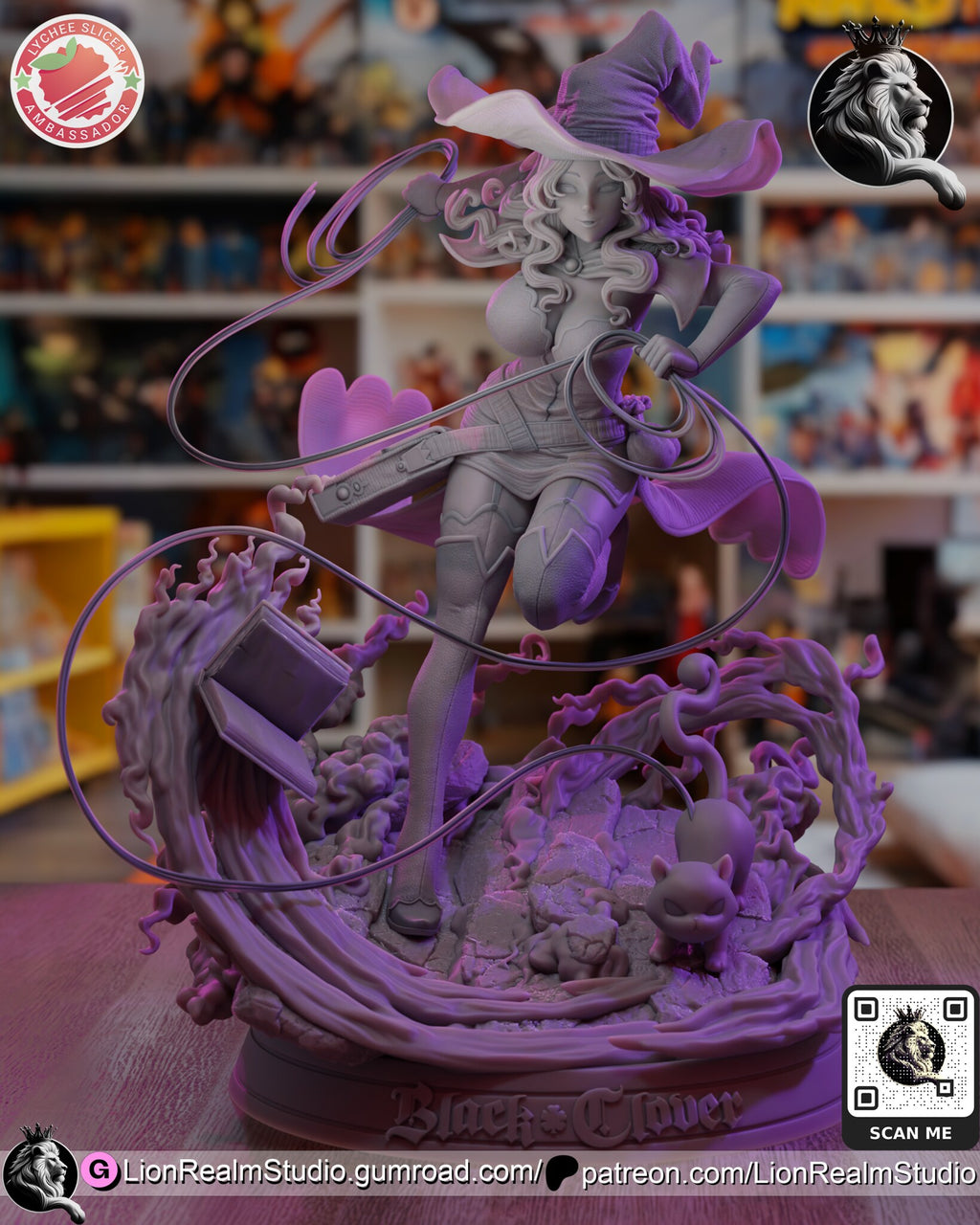 Sculptor's render (kit ships unpainted): unpainted gray view of the sculpt from the front, with the threads, wave, book and cat